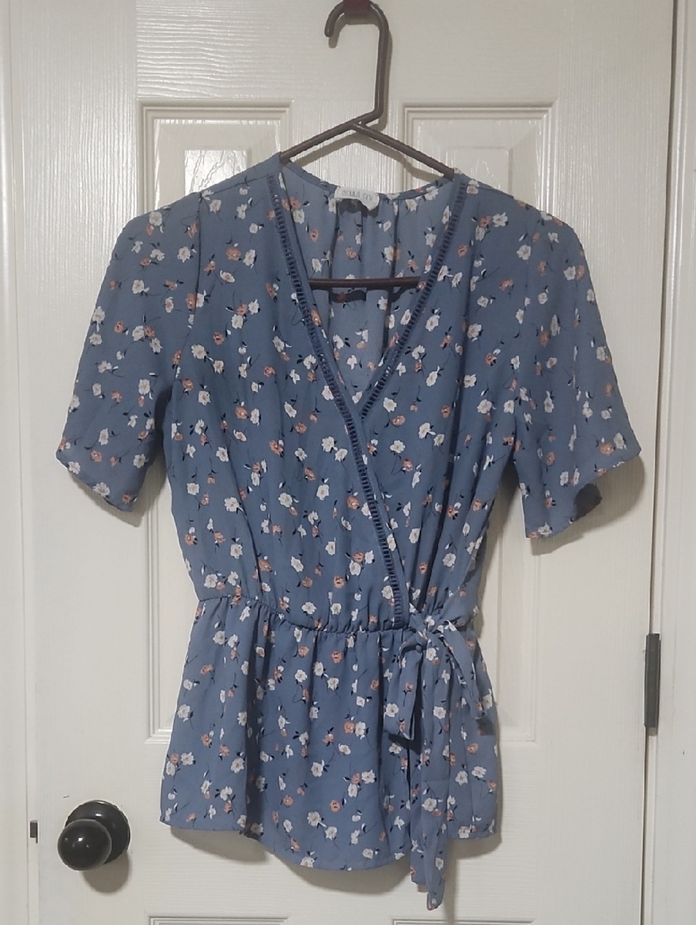 Blue Floral Wrap Dress with Tie Waist
